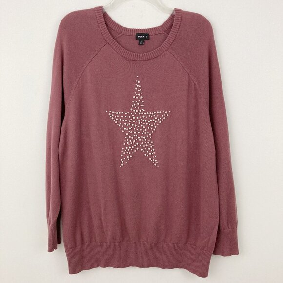 Torrid Pearl Star Pullover Crew Sweater Size 1 1X Embellished Rose Brown Cotton - Picture 1 of 6